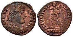 Ancient Coins - VALENTINIAN I. Ae, Centenional. AD 364-367. Siscia mint. ·ASISC. SECVRITAS REI PVBLICAE, Victory advancing left with palm.