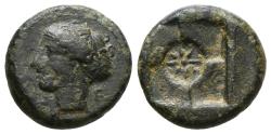 Ancient Coins - SYRACUSE, Sicily AE17. Time of the Second Democracy, circa 410-405 BC. Head of Arethusa.