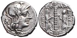 Ancient Coins - TI. MINUCIUS AUGURINUS. AR, Denarius. 134 BC. Rome mint. CTI MINVCI C.F. AVGVRINI. Minucius Augurinus & Minucius Faesus, Ionic column surmounted by statue.