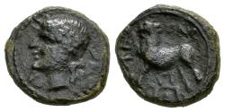 Ancient Coins - Sicily. Leontinoi. AE15. Century II BC. Apollo and Lion; ΛΕΟΝ around, ΤΙ - ΝΩΝ. Rare
