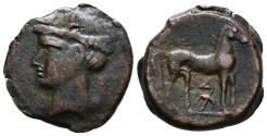 Ancient Coins - CARTHAGE. First Punic War issue. Ae 24. Circa 264-241 BC. Mint on Sardinia. Horse to right, Punic letters 'bet' and 'taw' in monogram below.