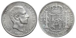 World Coins - ALFONSO XII. Ar, 50 Centavos de Peso. 1885. Manila mint (Philippines). SPANISH COLONIAL.