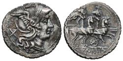 Ancient Coins - ANONYMOUS. Ar, Serrate Denarius. Mint in Sicily, 209-208 BC. Dioscuri on horseback riding right; wheel of six spokes below.