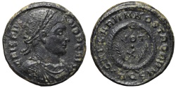 Ancient Coins - CRISPUS. Æ, Follis. 322 AD. Aquileia mint AQS. CAESARVM NOSTRORVM wreath wit two palm branch.