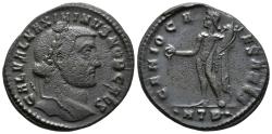 Ancient Coins - MAXIMINUS II. Ae, Follis. 305-309 AD.  Heraclea 2nd Officina mint. GENIO CAESARIS, Genius standing left, holding patera and cornucopia; ·HTB·.