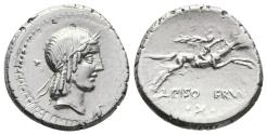 Ancient Coins - L. CALPURNIUS PISO FRUGI. Ar, Denarius. 90 BC. Rome. Rider on the right with palm branch, below L PISO FRVGI, additional mark ·x·.