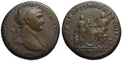Ancient Coins - Trajan AE sestertius - ALIM ITAL - Very Rare seated on curule chair