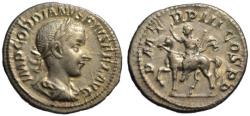 Ancient Coins - Gordian III AR denarius - Emperor on Horseback - Good EF