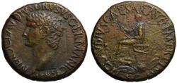 Ancient Coins - Nero Claudius Drusus AE sestertius - Claudius seated on weapons