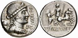Ancient Coins - L. Farsuleius Mensor AR denarius - Libertas & Biga - 75 BC