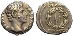 Ancient Coins - Augustus AR denarius - Oak wreath - Colonia Patricia aEF
