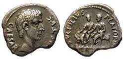 Ancient Coins - Augustus AR denarius - Augustus & Agrippa on platform - Rare R2 good VF