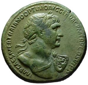 Ancient Coins - Trajan AE sestertius - FELICITAS - Very Rare Heroic Bust Type