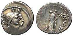 Ancient Coins - Cordius Rufus AR denarius - Dioscuri & Venus Verticordia - Good VF