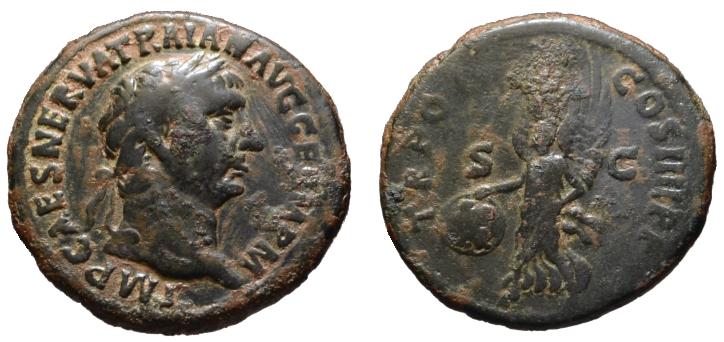 Trajan AE As or Dupondius - Victory holding SPQR shield - 12.75gm