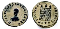 Ancient Coins - Original desert patina,Constantine II AE Follis. Heraclea, AD 317.Campgate with three turrets.