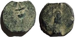Ancient Coins - Irregular issue.Judaea. First Jewish War. AE prutah. Year 3, Jerusalem mint.Very small vine leaf