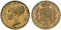 World Coins - Victoria 1846 Sovereign, 4 over inverted 4, PCGS AU55