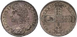 World Coins - James II 1687 Crown TERTIO, second bust, off-centre die axis, MS62
