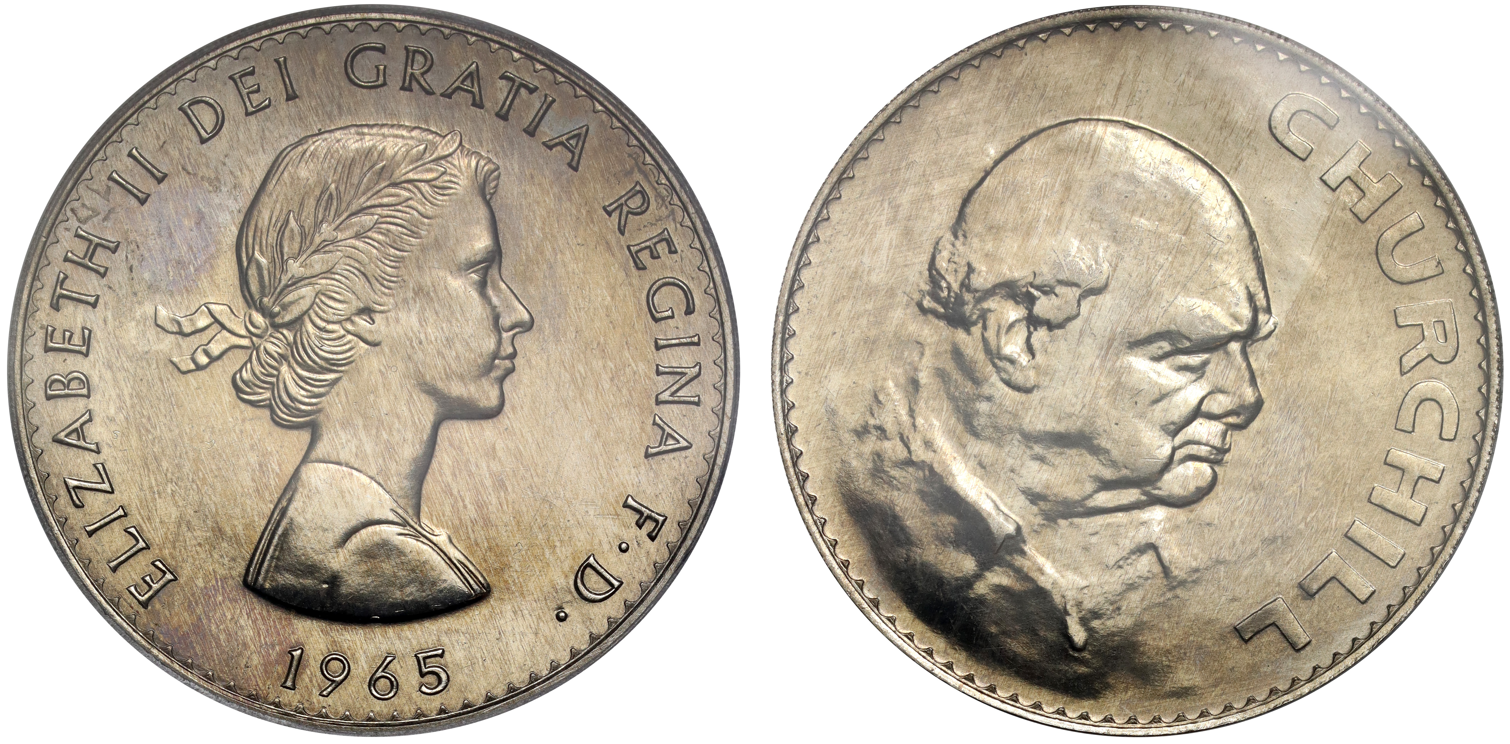 Elizabeth II 1965 specimen 'Satin Finish Churchill Crown PCGS SP64