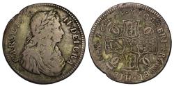 World Coins - Scotland Charles II 1664 Two Merks, earliest one year issue, thistle over head