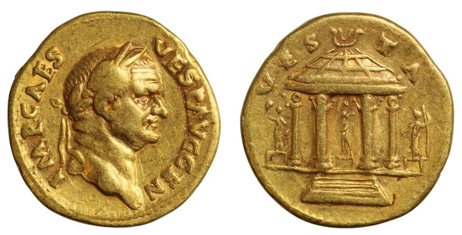 Vespasian, Temple of Vesta Gold Aureus, NGC Choice VF, 5/5, 4/5, fine style.