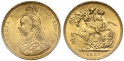 World Coins - Victoria 1887 Sovereign, with hooked spread J.E.B. DISH L3 - PCGS MS62