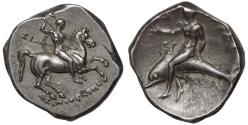 Ancient Coins - Calabria, Tarentum, silver Nomos, c. 280-272 BC.