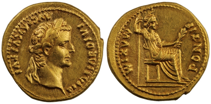 Tiberius, Gold Aureus NGC AU Strike 5/5 - Surface 3/5 | Roman Imperial