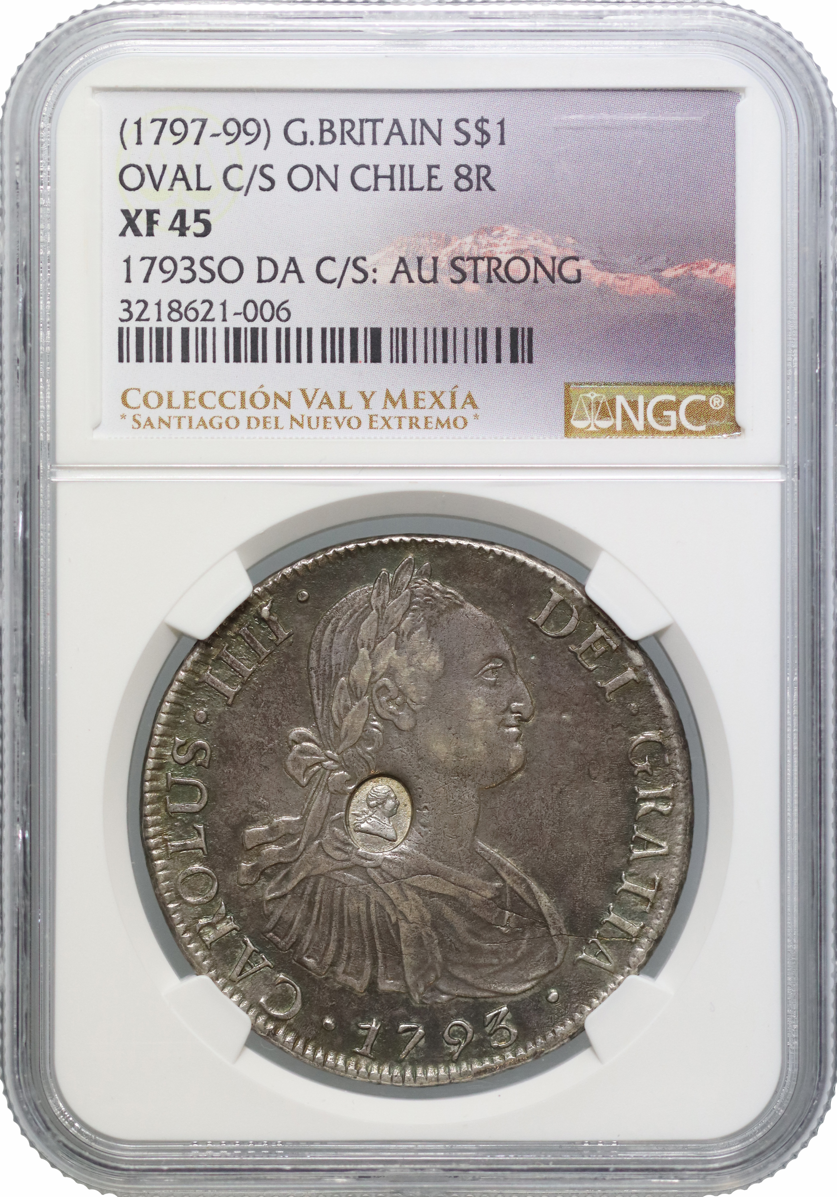 ★希少★　イギリス領　シンガポール　マラヤ　K23　　外国紙幣　記念紙幣 George III oval countermark on Chile 1793-DA 8-Reales, NGC XF45