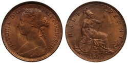 World Coins - Victoria 1890 Halfpenny, bun head type, Freeman dies 17+S, NGC graded MS64RB