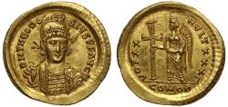Ancient Coins - Theodosius II, Gold Solidus, NGC CH AU 5/5, 4/5, brushed