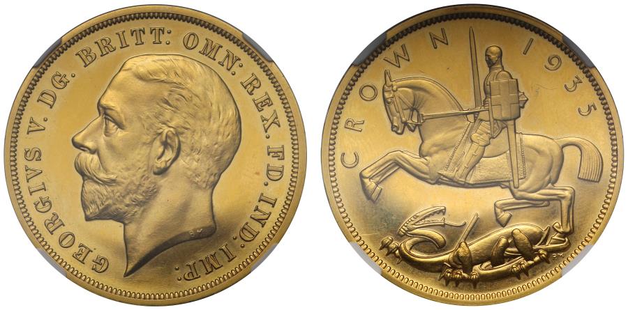 World Coins - George V 1935 Jubilee Crown struck in gold, with original Royal Mint letters
