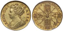 World Coins - Anne 1708 Guinea, first bust with high indented tie knot, NGC MS63 - finest