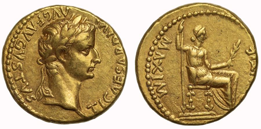 Tiberius, Gold Aureus, NGC AU*, Strike 4/5, surface 4/5 | Roman ...
