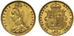 World Coins - Victoria 1887 Half-Sovereign London Mint, hooked J, DISH L503 R5
