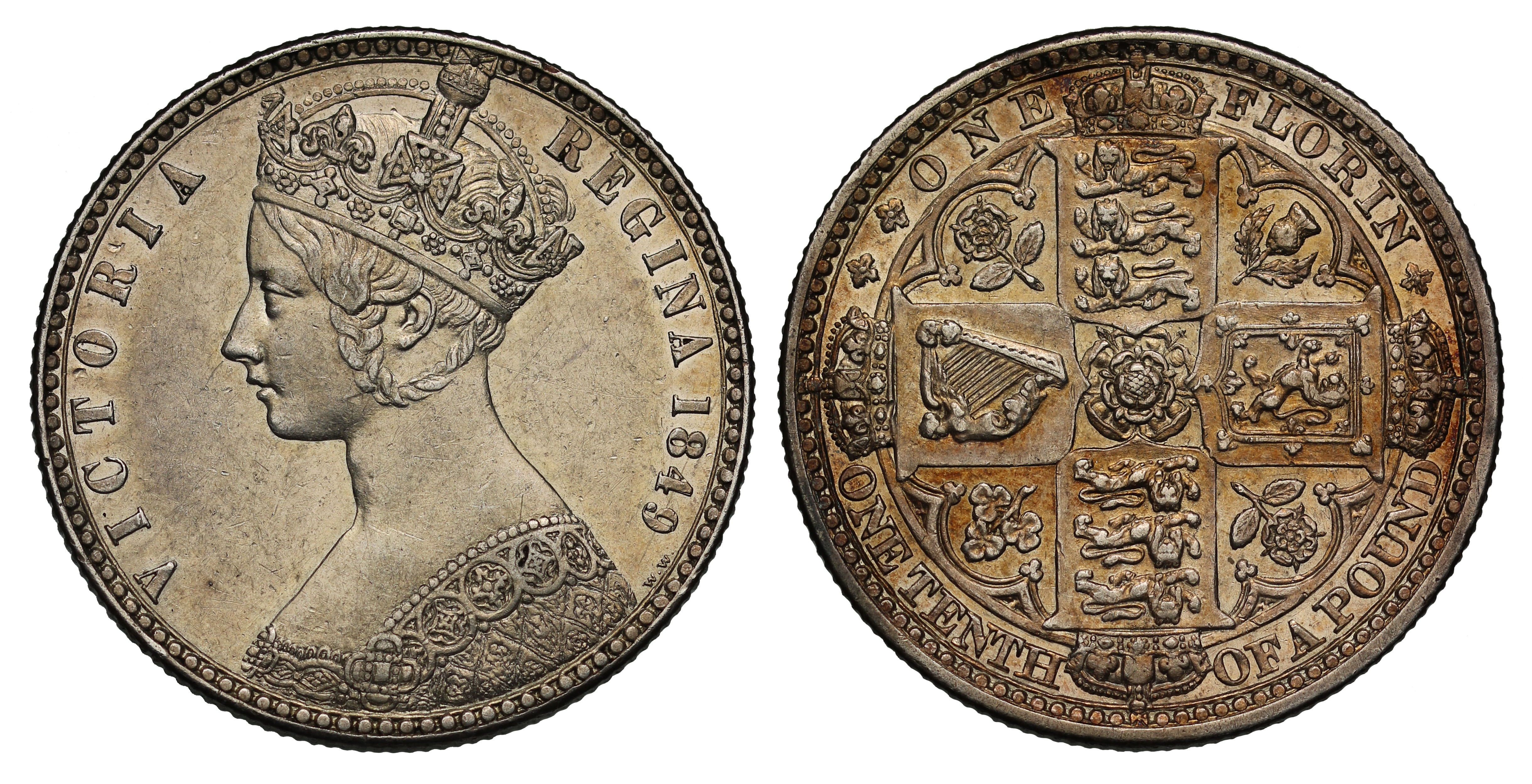 Victoria 1849 Godless Florin, Gothic bust, WW clear of border