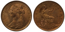 World Coins - Victoria 1887 Halfpenny, bun head type, Freeman dies 17+S, NGC graded MS65RB