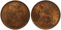 World Coins - Victoria 1891 Halfpenny, bun head type, Freeman dies 17+S, NGC graded MS65RB