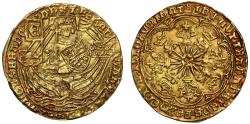 World Coins - Edward IV gold Ryal AU55, Light coinage initial mark crown, TRANANSIENS error