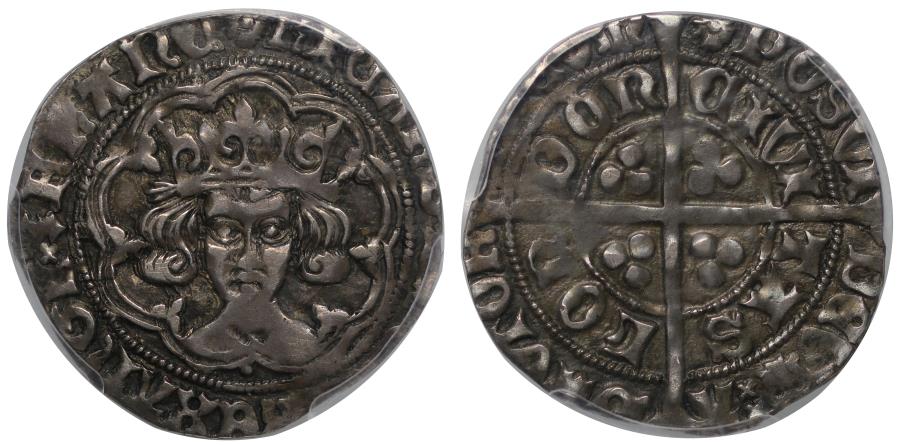 World Coins - Richard III Groat, mm halved sun and rose 2, pellet below bust PCGS XF45
