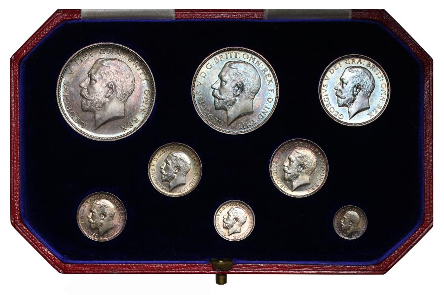 George V 1911 silver proof Set of 8 - Crown to Maundy Penny, cased