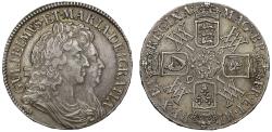 World Coins - William & Mary 1691 Crown, edge year TERTIO, NGC AU50 low silver output