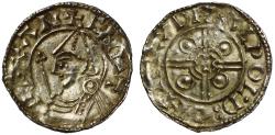 World Coins - Cnut Penny, Pointed Helmet type, Bridport Mint, moneyer Alwold