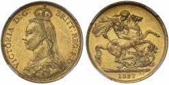 World Coins - Victoria 1887 Two-Pounds, Golden Jubilee, MS61 large BP taller date