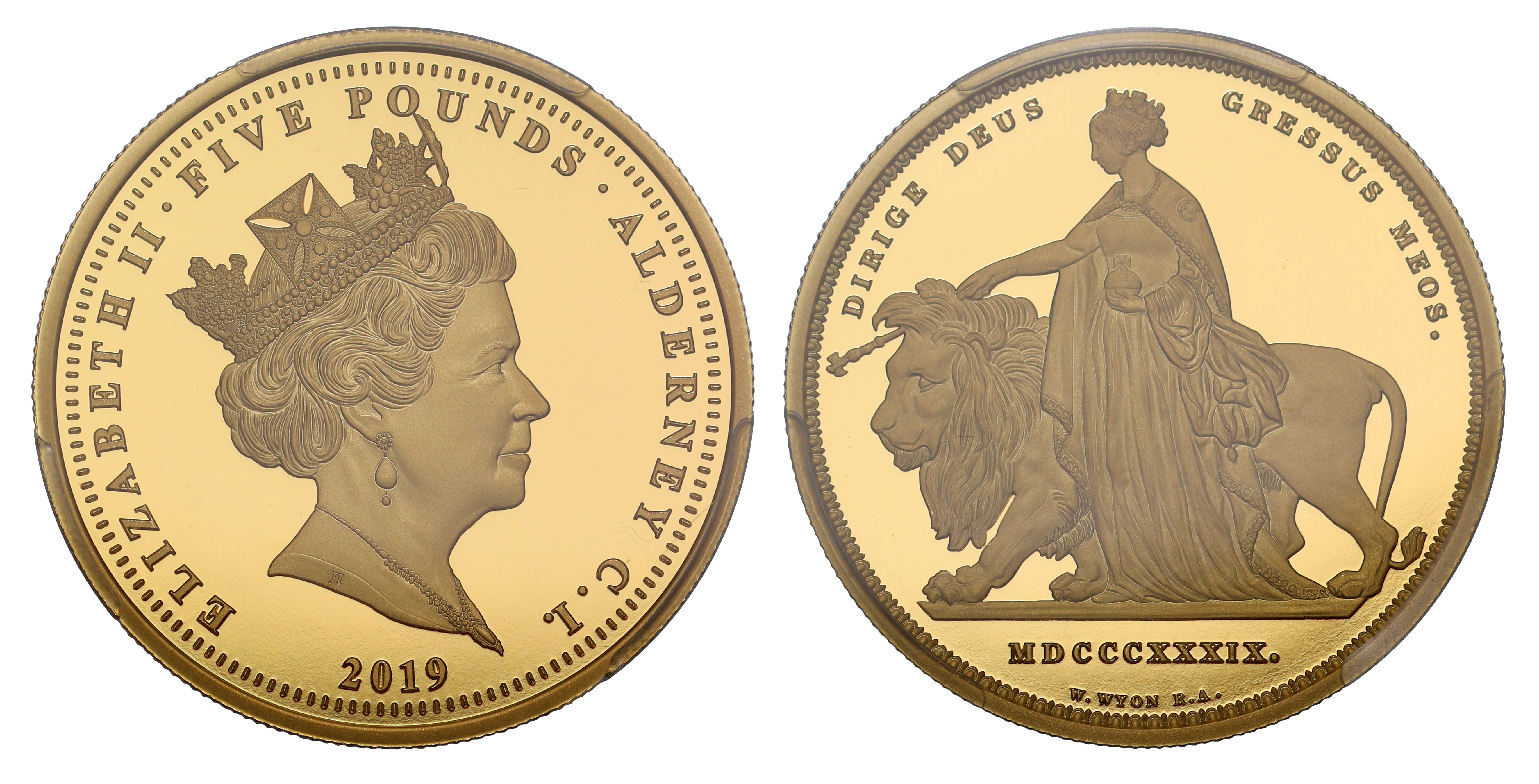 Elizabeth II 2019 Alderney Una and the Lion gold proof 5 Pounds