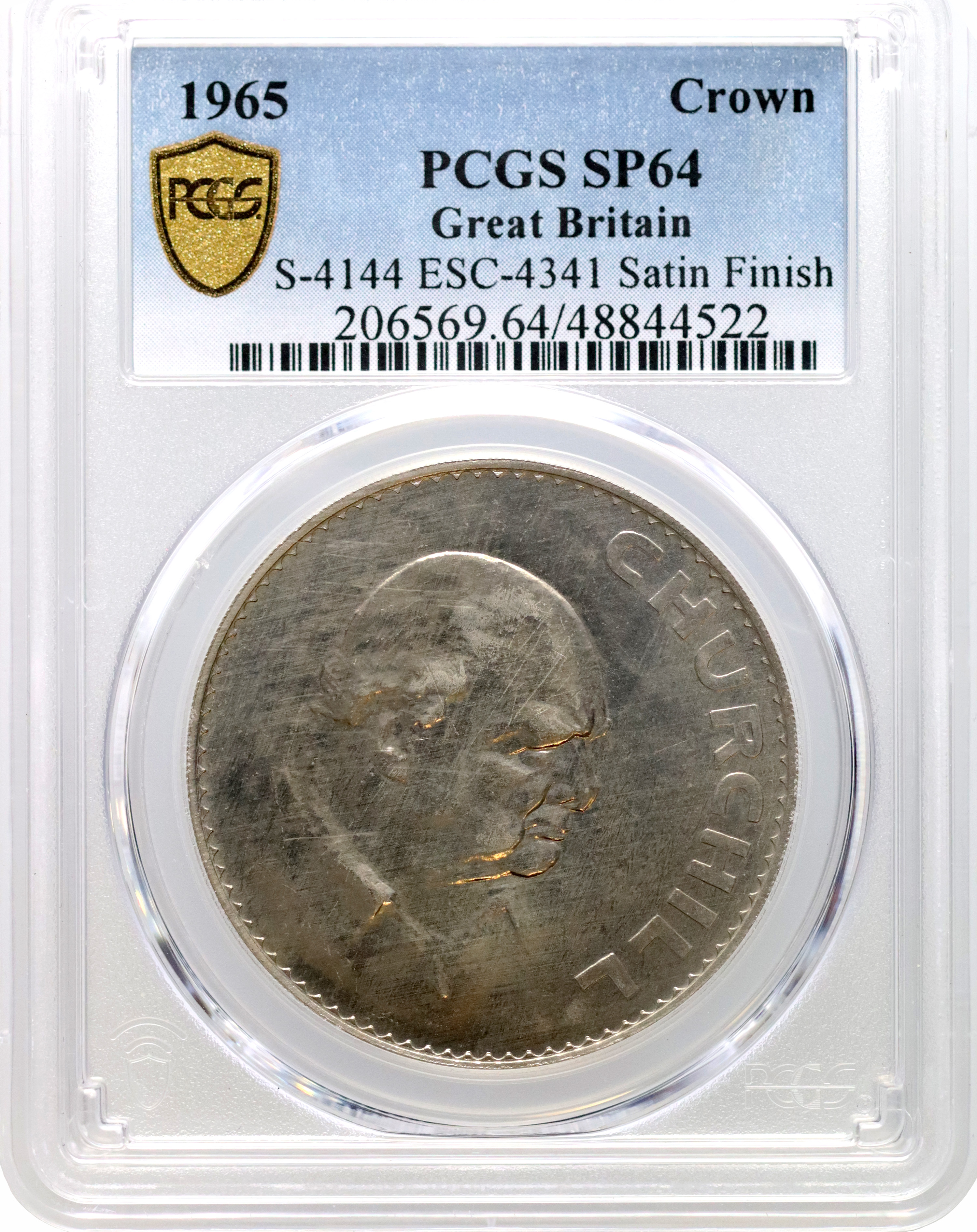 Elizabeth II 1965 specimen 'Satin Finish Churchill Crown PCGS SP64
