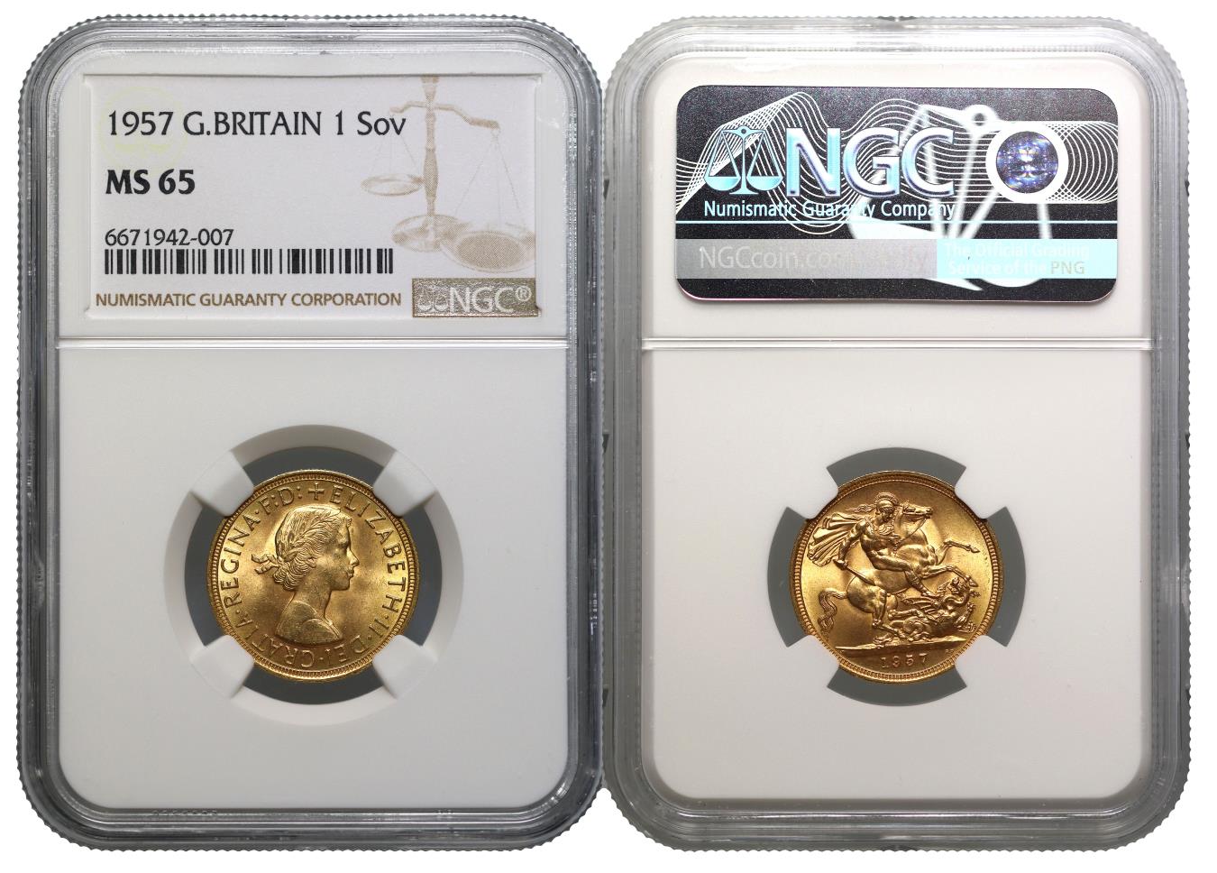 Elizabeth II 1957 Gillick Sovereign MS65 | European Coins