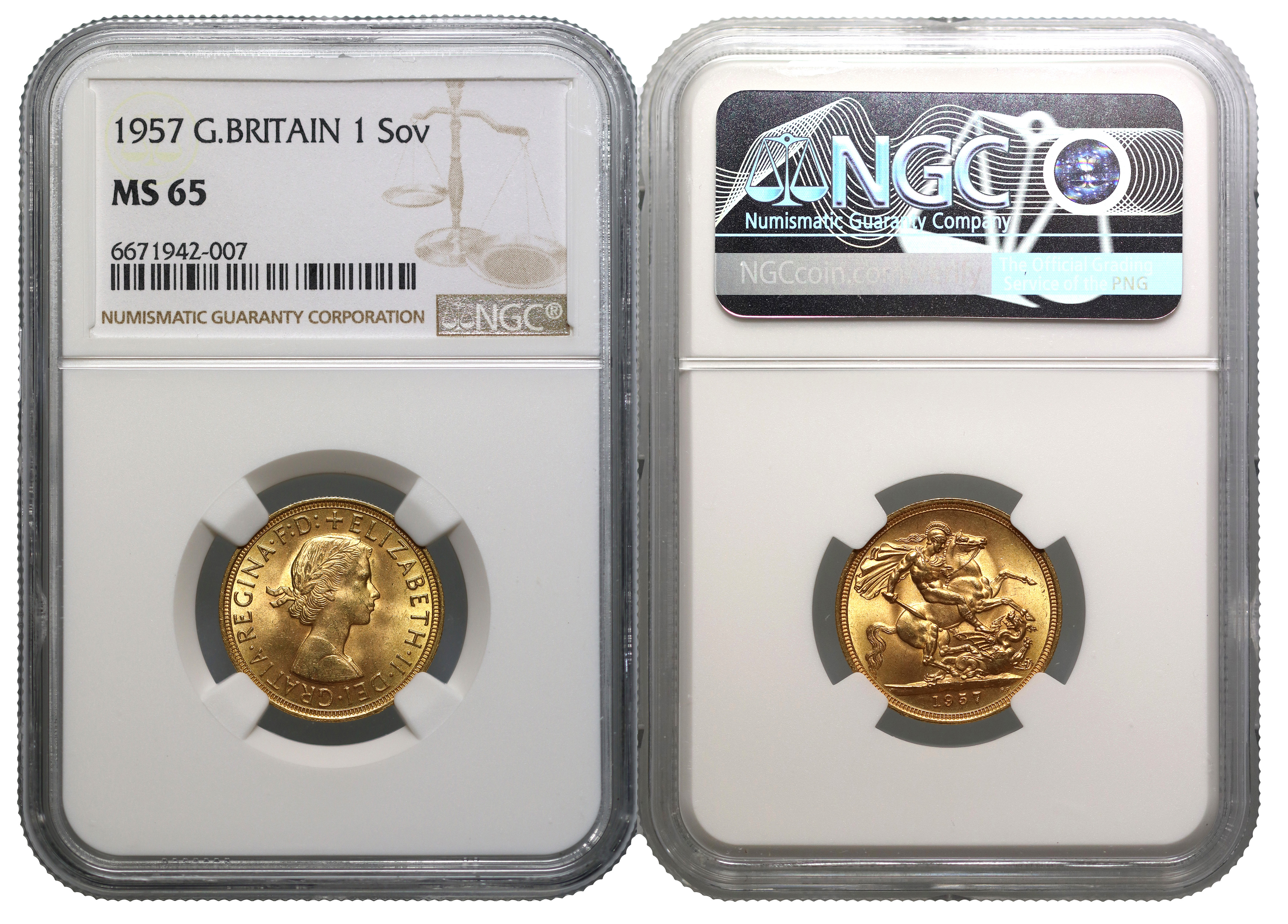 Elizabeth II 1957 Gillick Sovereign MS65 | European Coins