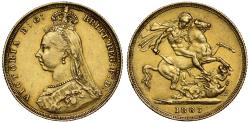 World Coins - Victoria 1887 Sovereign, Jubilee issue with hooked J initials, DISH L4 R5